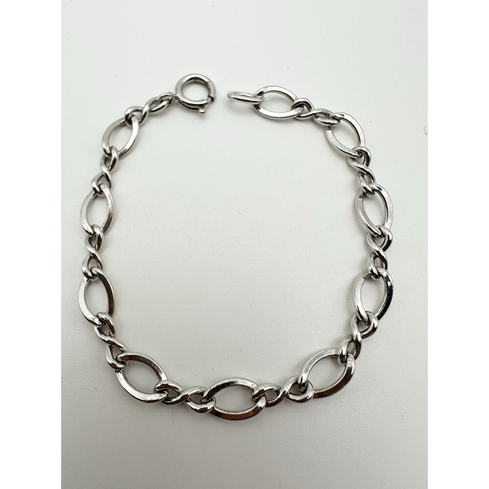 Vintage 925 Signed Sterling Silver Plain Curved Oval Link Chain Bracelet 7”